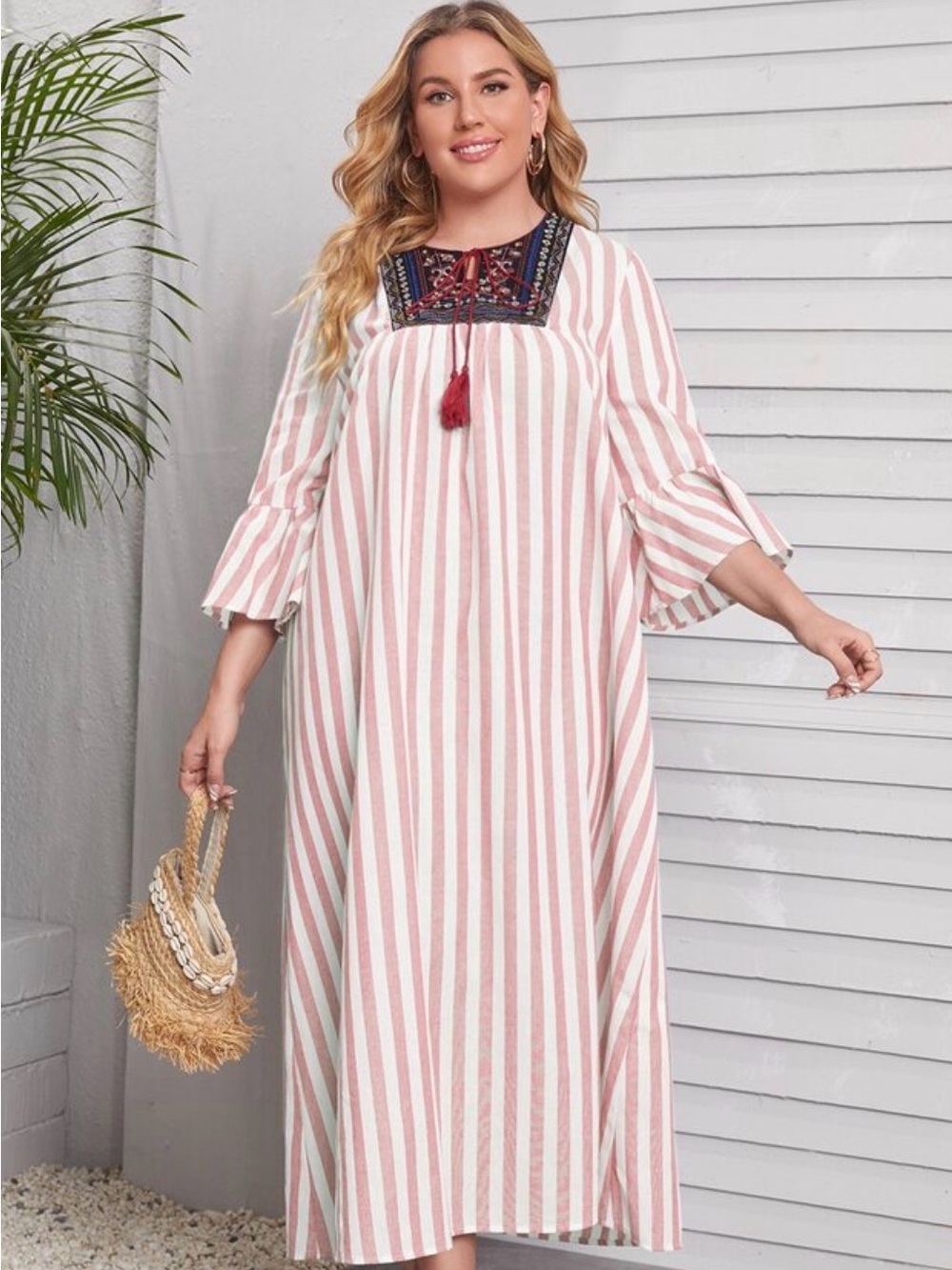 Striped beige Boho Tie-Neck kaftan